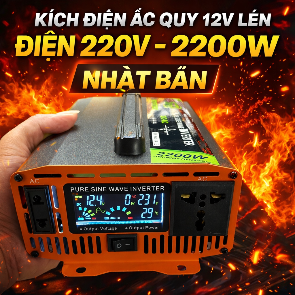 Kích Điện 12V Lên 220V 2200W Hàng Nhật – Sóng Sin Chuẩn, Màn Hình LED Hiển Thị Vôn &amp; Nhiệt Độ