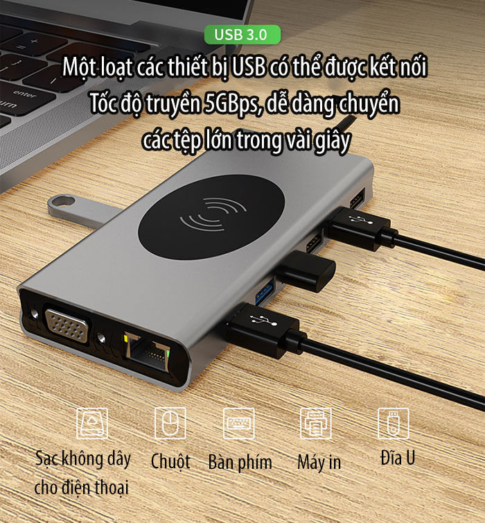 Bộ Chuyển Đổi Đa Năng Cổng USB Hub 15in1 chân cắm usb kiêm sạc không dây điện thoại 10W hỗ trợ sử dụng nhiều thiết bị, tiện lợi và nhỏ gọn tiết kiệm diện tích làm việc, giao hành nhanh