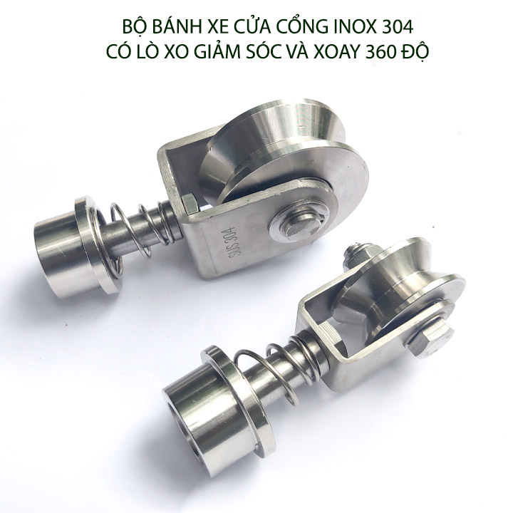 Bộ bánh xe cho cửa cổng trượt-lùa kiêm xoay 360 độ, làm bằng inox 304 có lò xo giảm chấn, Kích thước 16-22mm tùy chọn