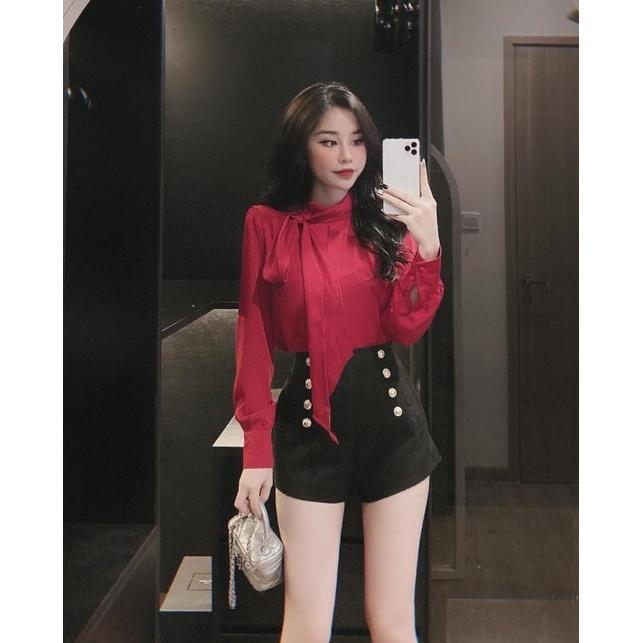 Áo sơ mi lụa cổ nơ lệch
