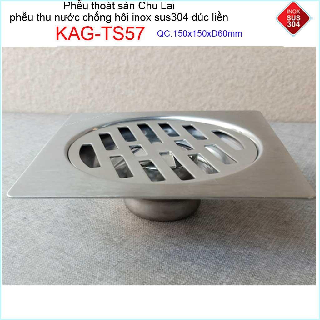 Phễu thoát sàn Chu Lai 15x15cm KAG-TS57-D60, Thoát sàn chống hôi ống 6cm SUS304 inox đúc dày thoát nhanh chặn tóc tốt