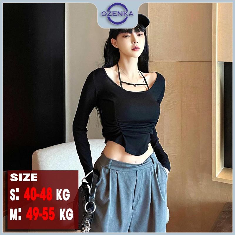 Set áo croptop nữ tay dài kiểu Hàn Quốc OZENKA , áo crt ôm body vạt bầu nhún eo cổ rộng thun gân 100% cotton màu đen