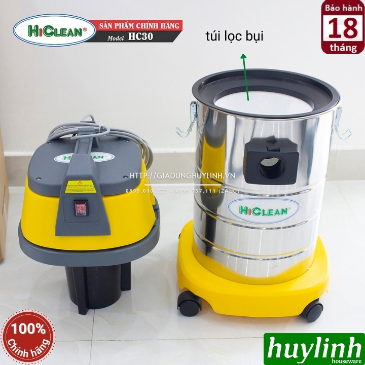 Máy hút bụi khô và ướt HiClean HC30 (thùng inox chống gỉ, dung tích 30L) - Hàng chính hãng