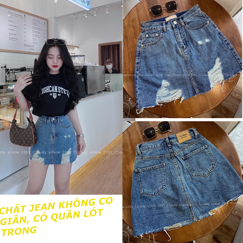 Chân váy jean rách ngắn chữ A có quần lót trong CV204