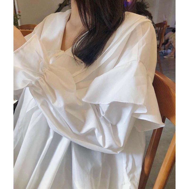 Áo Sơ Mi Bèo Vai Bèo Cổ, Áo Bánh Bèo Tiểu Thư Màu Trắng Ulzzang Phong Cách Hàn Quốc Chan House