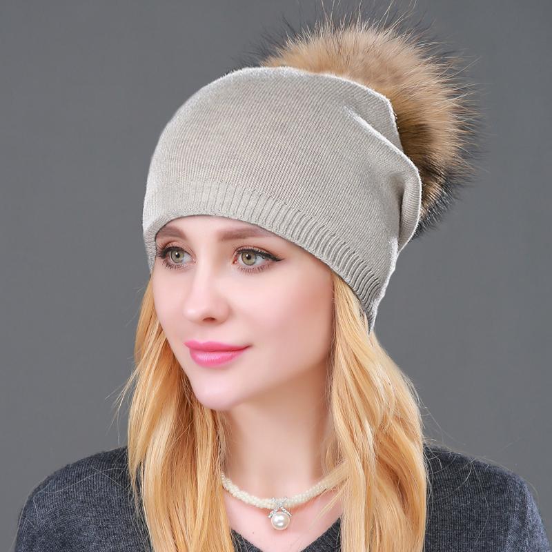 MÙA THU ĐÔNG Len Dệt Kim Mũ Nam Nữ Thời Trang Pompon Beanies Mũ Lông Thú Nữ Ấm Áp Viên Có Đá Tự Nhiên Gấu Trúc Lông Thú mũ Lưỡi Trai - one