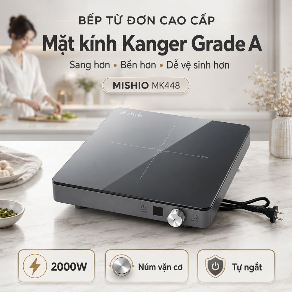 Bếp Từ Đơn Mishio MK448 Công Suất 2000W - Mặt Kính Kanger Hạng A - hàng chính hãng