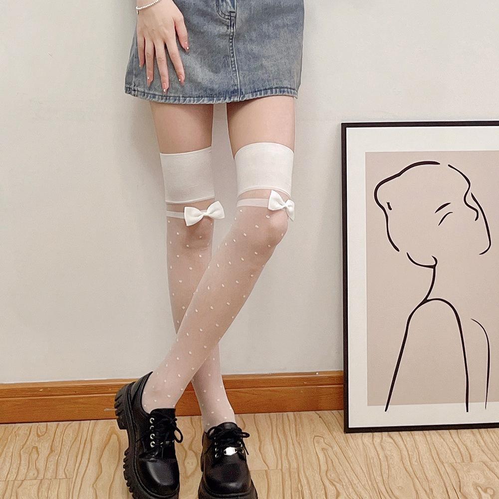 [Sỉ lẻ] Tất đùi mỏng, HỌA TIẾT CHẤM BI VIỀN LỚN ĐÍNH NƠ phong cách Lolita Nhật Bản cho nữ quyến rũ, sang chảnh - Noisock