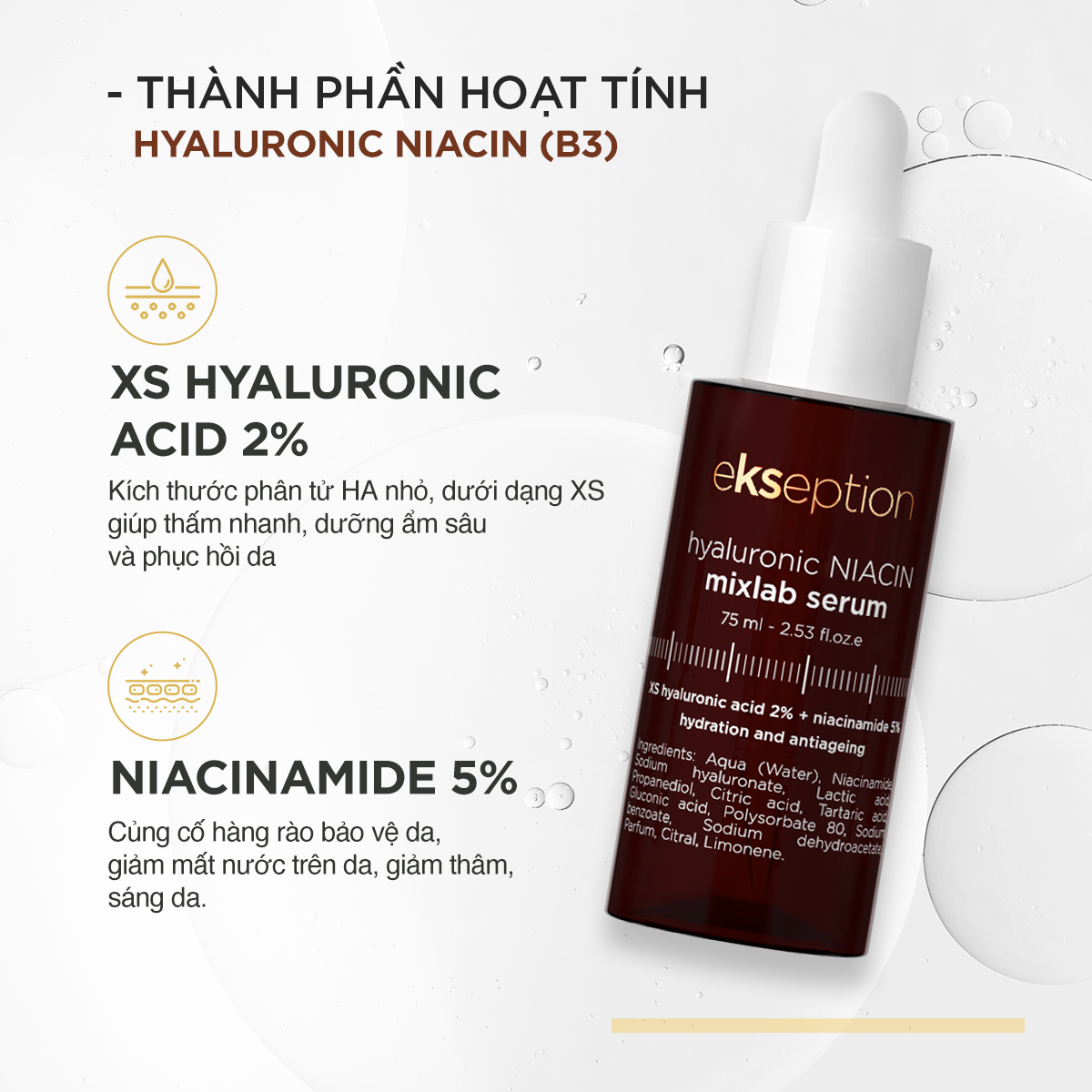 Serum dưỡng ẩm sáng da giảm mụn Eksep tion Hyalu ronic Nia cin 75ml chứa 5% Nia cina mide