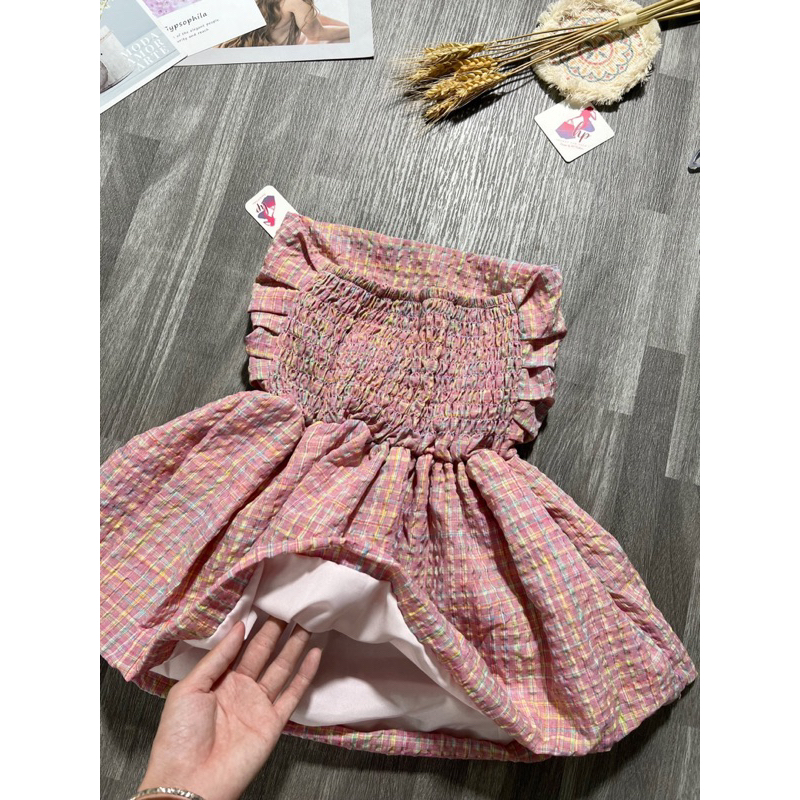 Áo ống cúp ngực bí xoè caro hồng, áo cúp ngực 2 lớp