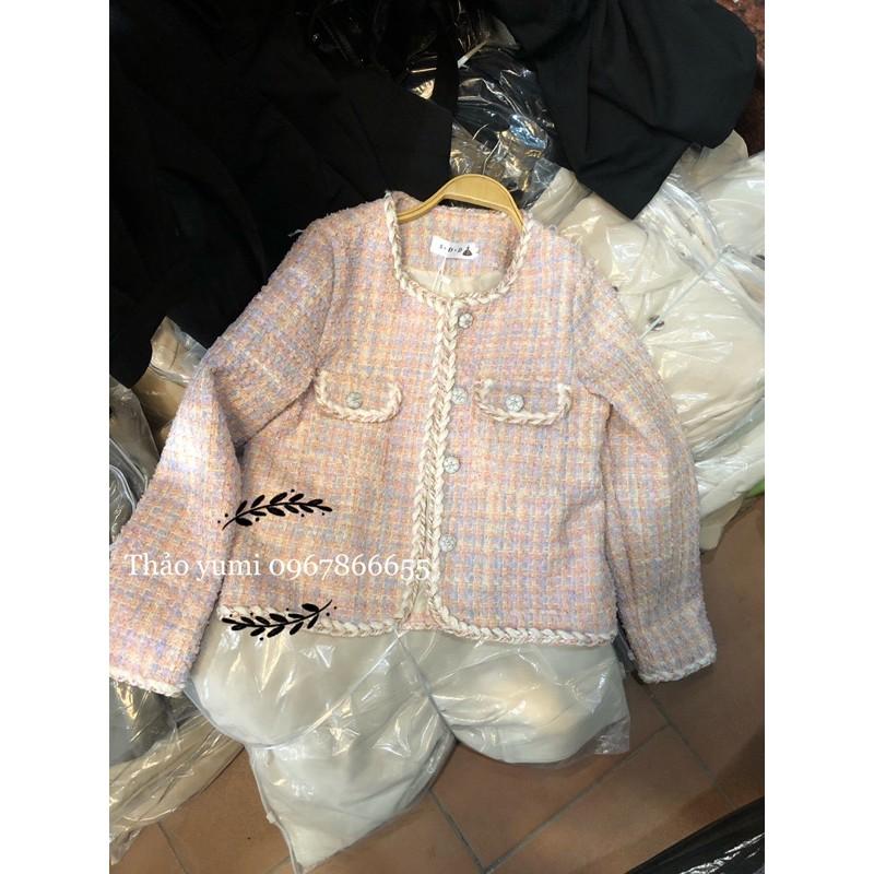 Áo khoác dạ tweed hồng khuy hoa hàng qc