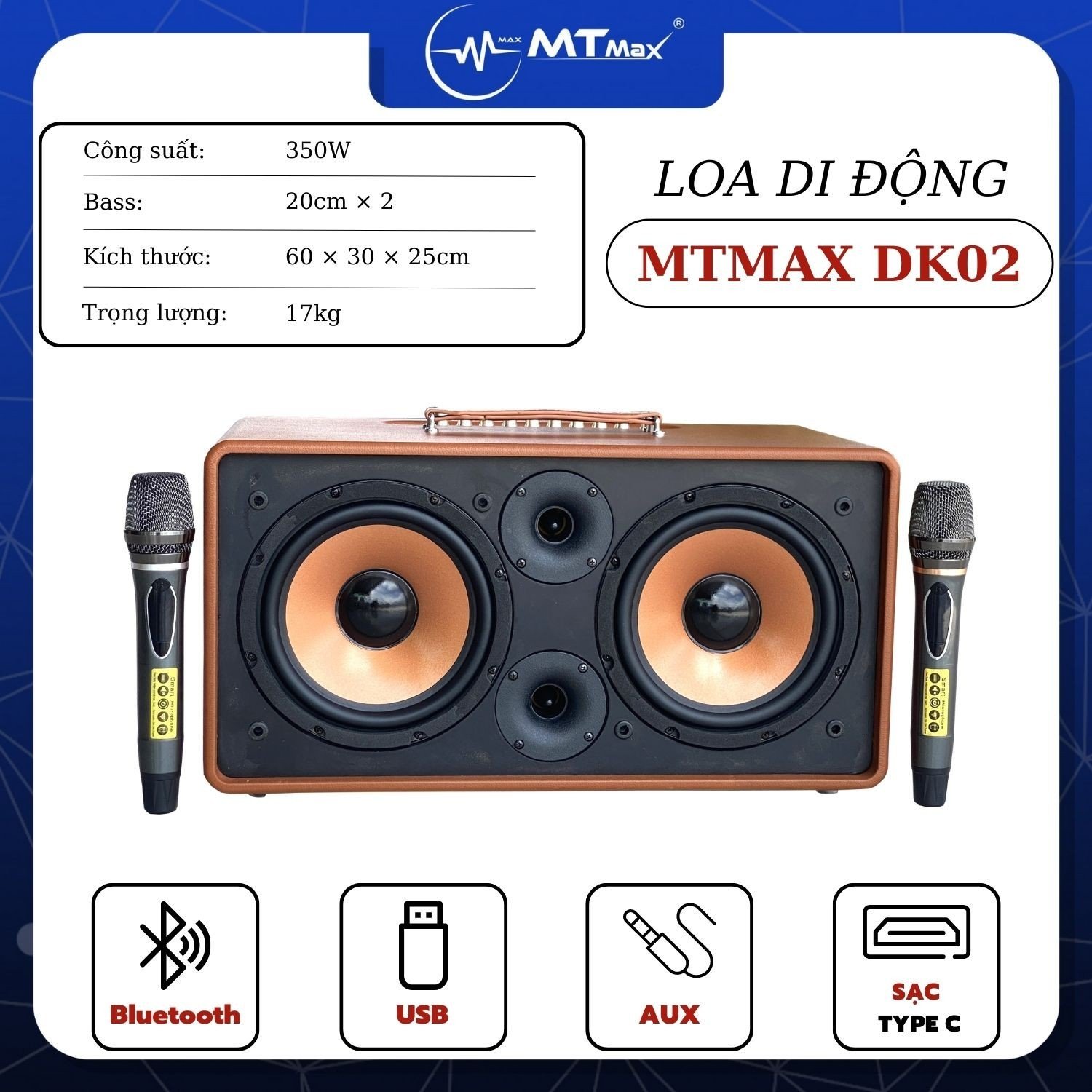 Loa Di Động MTMAX DK02 – Công Suất Lớn, Bass Đôi, Kèm 2 Micro Cao Cấp  Âm Thanh Mạnh Mẽ, Sống Động Hàng Chính Hãng