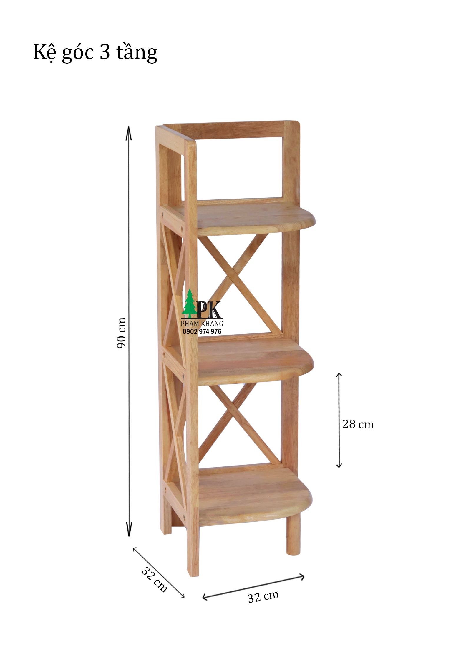 Kệ góc gỗ Phạm Khang 3 tầng rộng 32cm màu tự nhiên