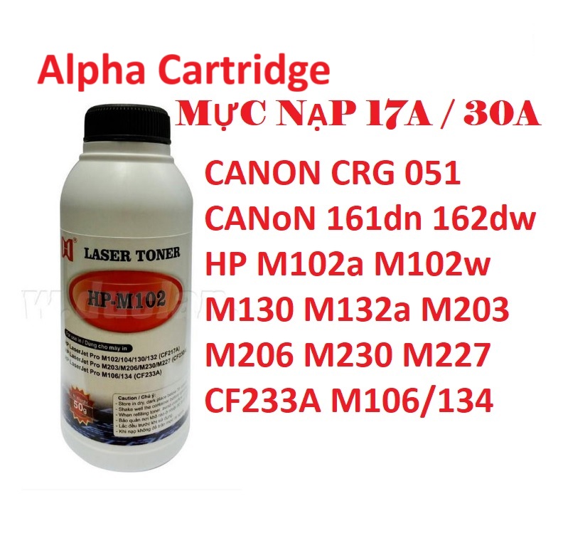 Combo 5 Mực nạp 17A 30A 047 051 CF 217A CF 230A dành cho Máy in Canon 161DN 162DW 113W MF113W HP M102a,M102w,MFP M130a,M203dw,CF230A Hàng chính hãng Alpha Cartridge