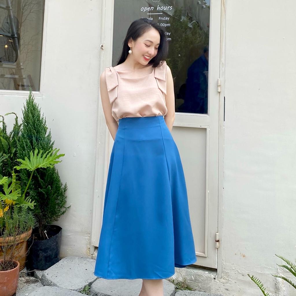 KIOBI - Chân váy Laluna form midi rã 6 mảnh, ôm trên xòe dưới, lưng cao, 3 size S M L, vải cotton bố xanh - KIV2191XD