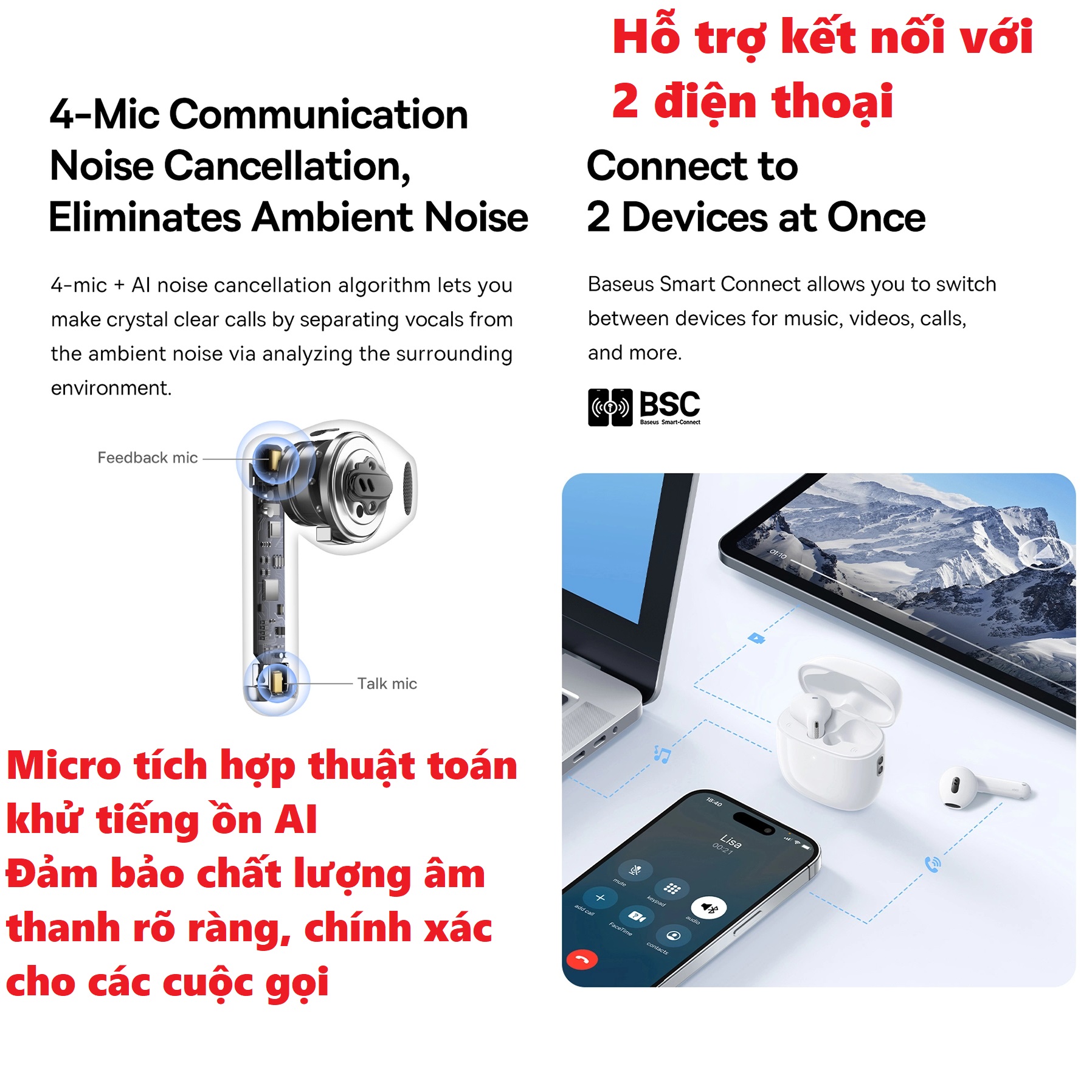 Tai nghe nhét tai Bluetooth V5.3 độ trễ thấp cho gaming micro khử ồn có App tùy chỉnh Baseus Bowie WX5 _ Hàng chính hãng