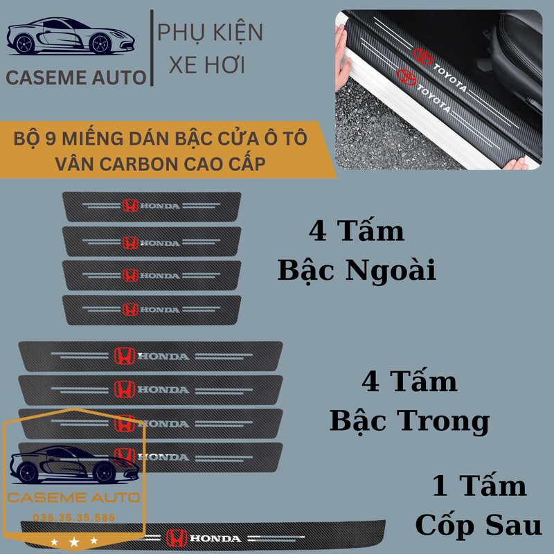 [HONDA] Bộ 9 Miếng Dán Vân Carbon Chống Trầy Xước Bậc Cửa Ô Tô Dành Cho Hãng Xe HONDA - Hàng Chính Hãng