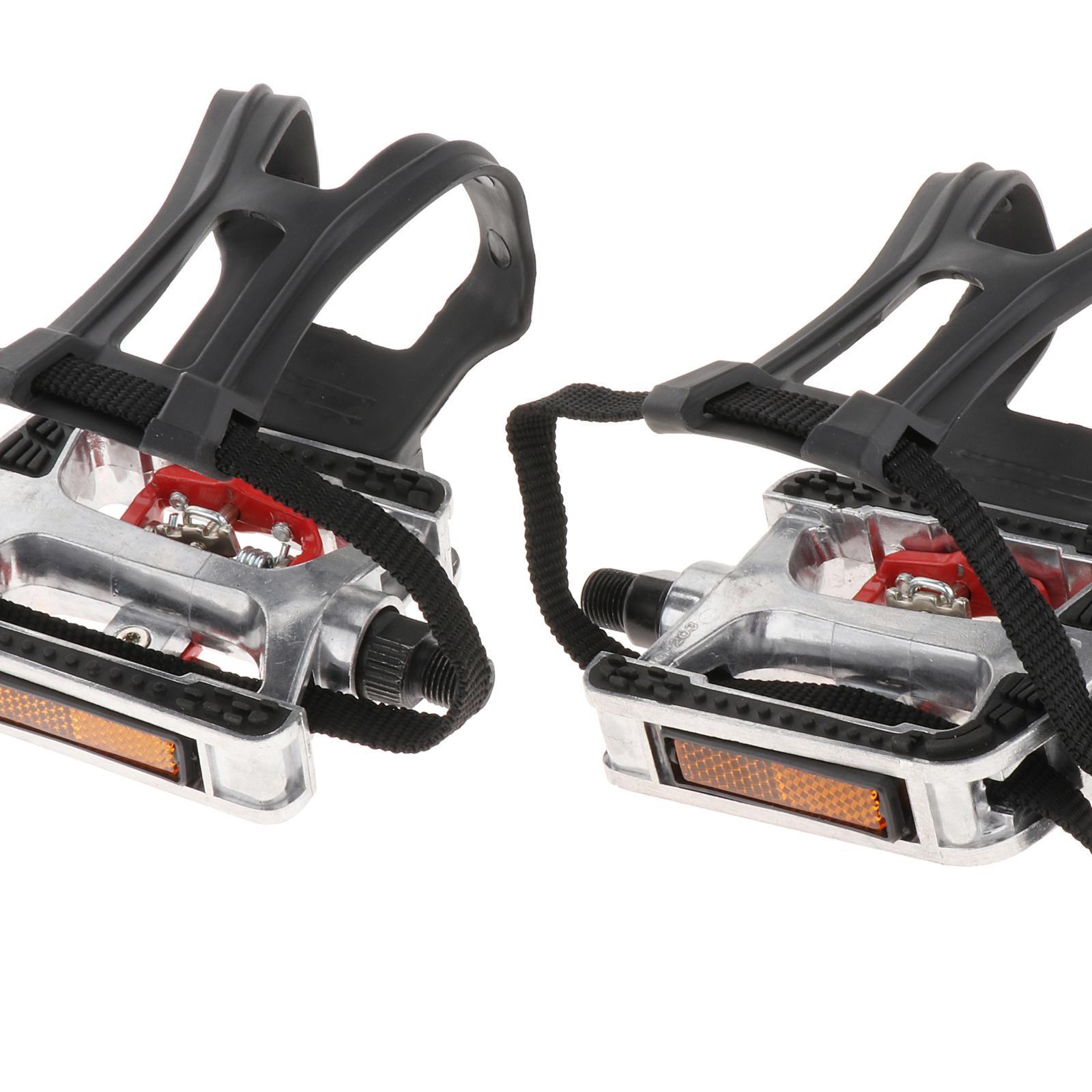 Bike Pedal with Straps and Toe Clips for Outdoor Cycling and Indoor Exercise Bike, Replacement Alloy Multipurpose Bicycle Pedals