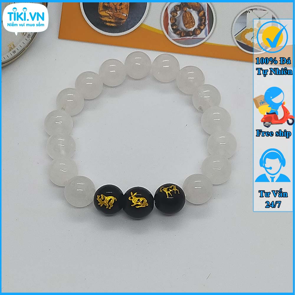 Vòng mã não trắng tam hợp hợi mão mùi - size 8 10ly cho người mệnh thủy, mệnh kim - có khai quang điểm nhãn may mắn tài lộc - bảo hành 12 tháng - PHONG THỦY ANH VŨ