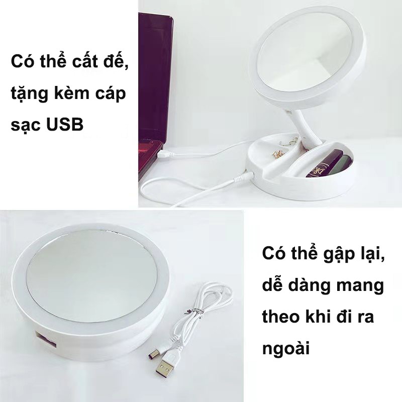 Gương Trang Điểm 2 Mặt Để Bàn Có Đèn Led Có Thể Gập Sạc USB Tiện Lợi, Độ Phóng Đại 10X