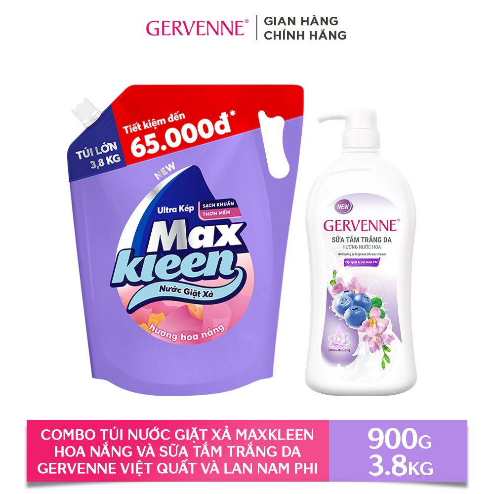 Combo Túi Nước Giặt Xả MaxKleen Hương HOA NẮNG 3.8kg + Sữa tắm trắng da hương nước hoa Gervenne VIỆT QUẤT và LAN NAM PHI 900g