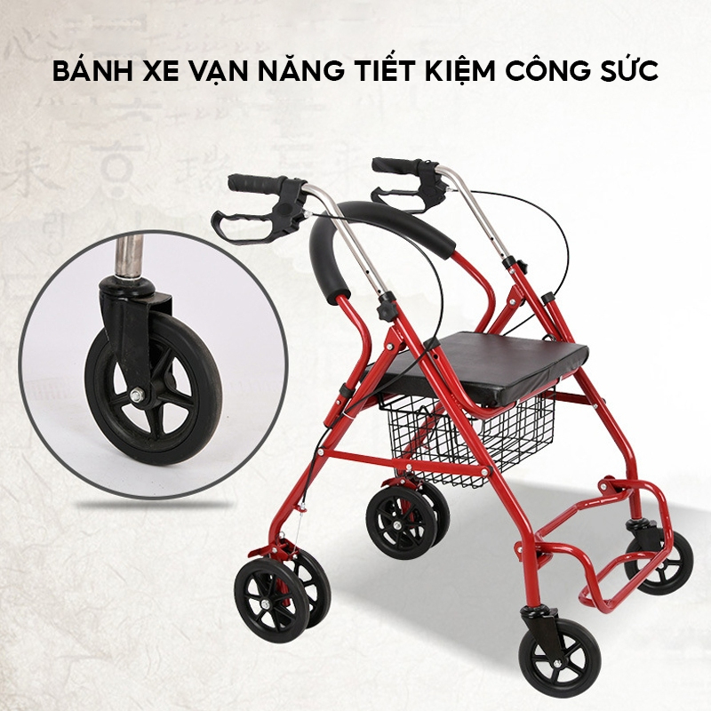 Xe Đẩy Tập Đi Cho Người Già Mẫu 2024, Người Tai Biến Đi Lại Kém Nâng Hạ Tay Lái Có Ghế Ngồi, Phanh, Giỏ Đựng