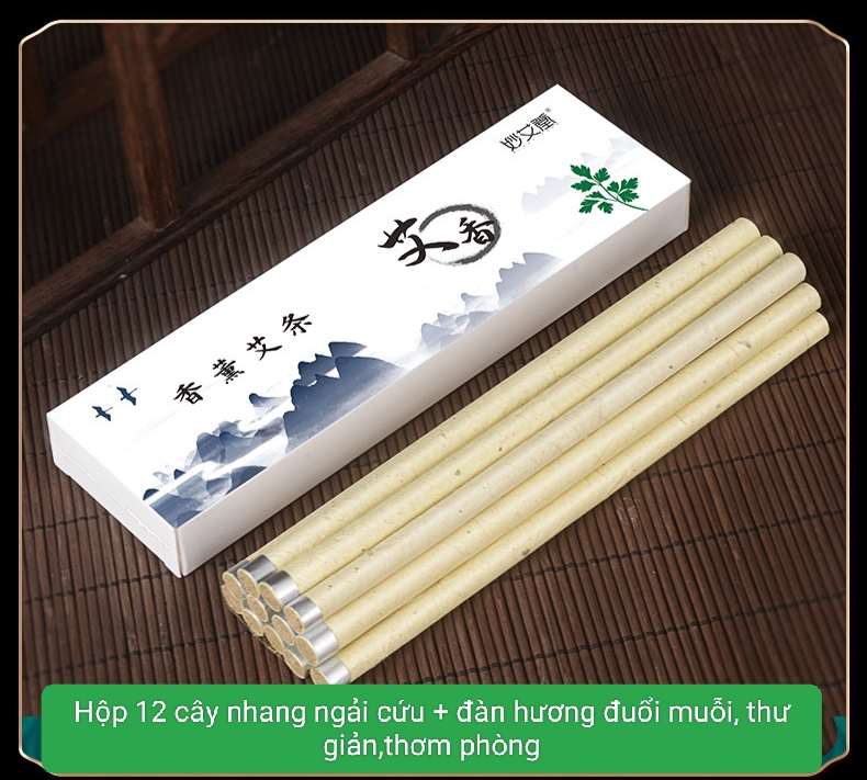 Hộp 12 NHANG NGẢI CỨU + bột gỗ đàn hương.Nhang ngải cứu ĐUỔI MUỖI- XÔNG PHÒNG- GIẢM STRESS THƯ GIẢN