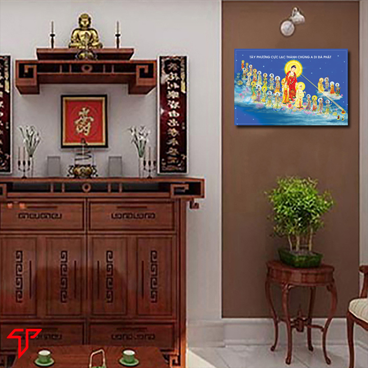 Tranh treo tường trang trí nhà cửa cán gỗ MDF cao cấp mẫu Phật tiếp dẫn Tây phương, Tranh Phật Giáo 2697