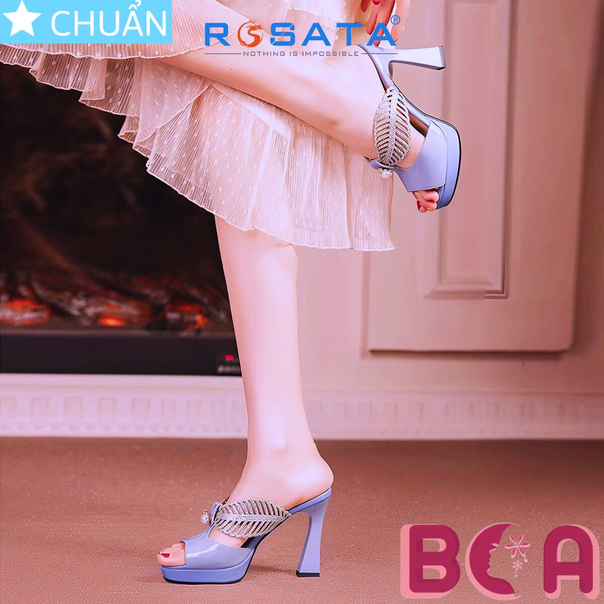 Dép nữ đẹp chính hãng cao gót 9 phân RO665 ROSATA tại BCASHOP thời trang và tôn dáng với thiết kế 2 chiếc lá đính nhau