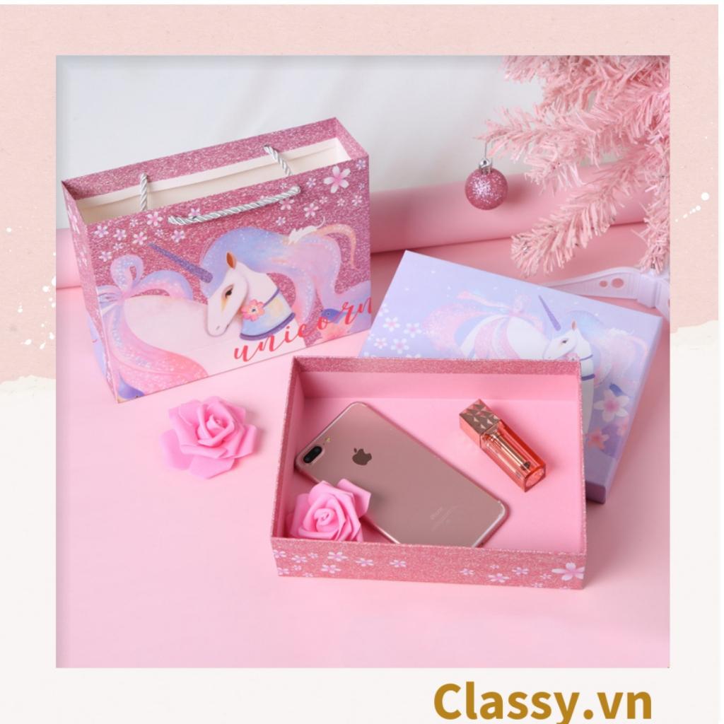 Túi giấy hoặc Hộp quà giấy cứng Làm quà tặng hoạ tiết chú Kỳ Lân màu hồng siêu dễ thương phong cách châu Âu Q974
