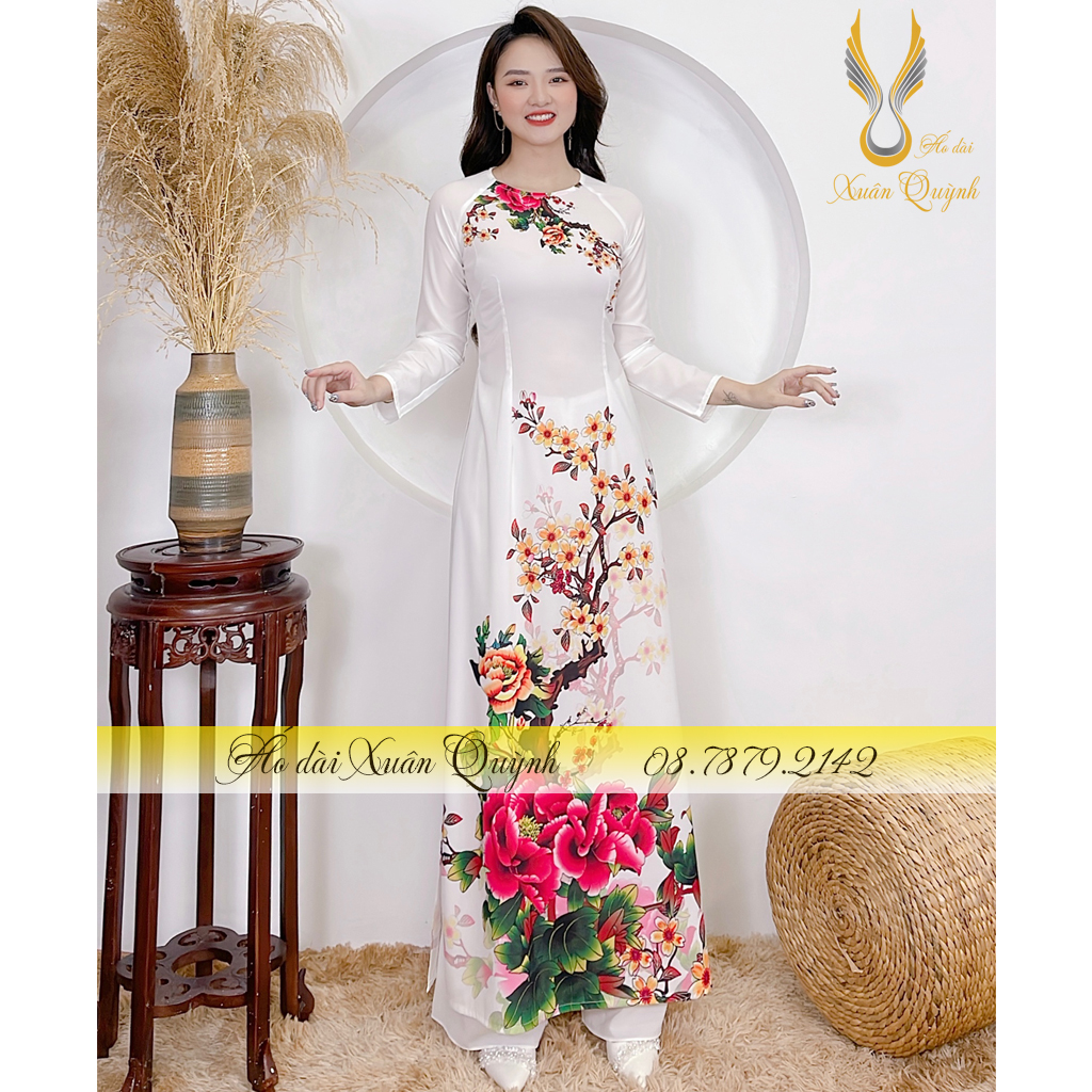 Áo Dài Hoạ Tiết Hoa Mẫu Đơn Đỏ, Thanh Lịch, Duyên Dáng Lụa Habutai Cao Cấp K86