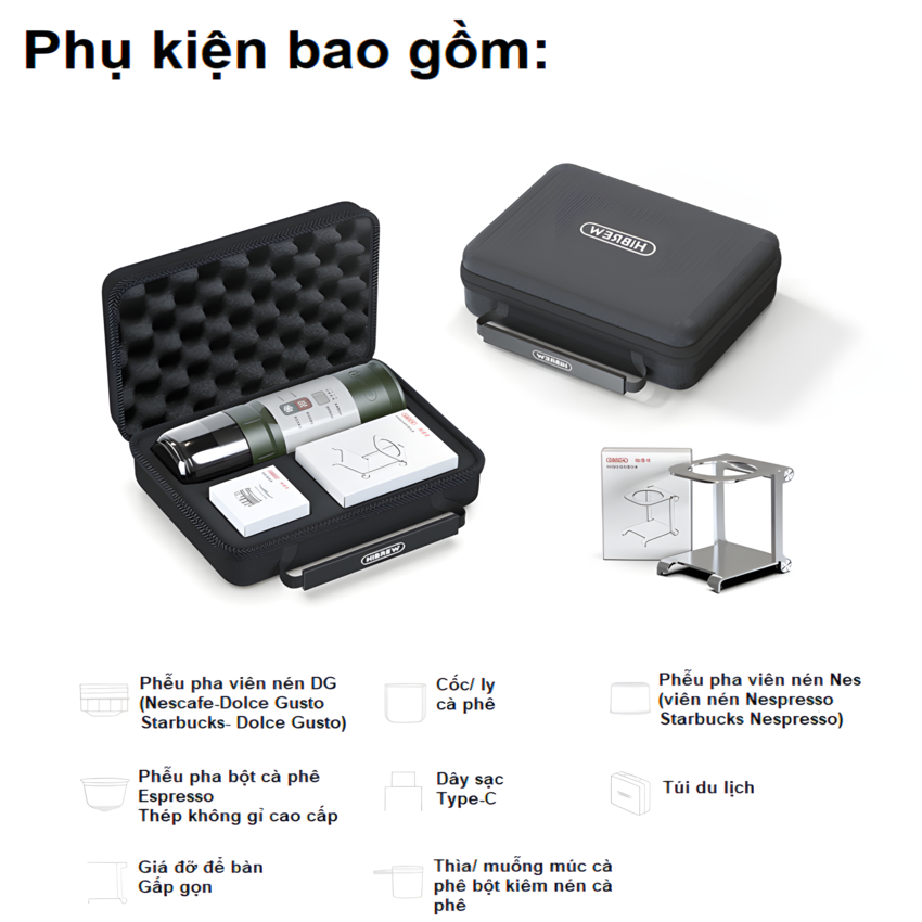 Máy pha cà phê dùng pin cầm tay Espresso 3 trong 1 HiBREW Thương hiệu Mỹ H4C - Pha nóng lạnh - HÀNG NHẬP KHẨU (BẢO HÀNH 12 THÁNG)
