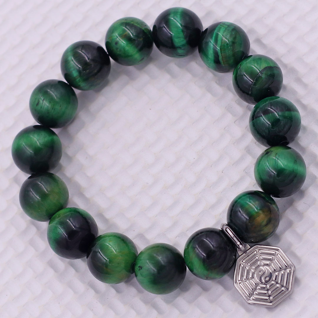 Vòng chuỗi đeo tay đá mắt hổ xanh lá charm bát quái inox, vòng tay hạt chuỗi, vòng chuỗi phong thủy, vòng tay nam nữ