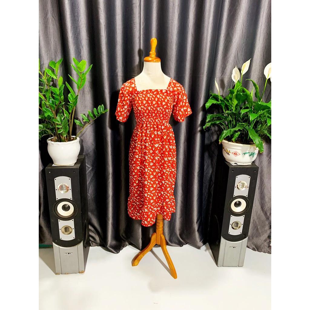 Đầm maxi hoa cổ vuông bo nhún ngực xanh hồng đỏ trắng kèm hình thật video thật