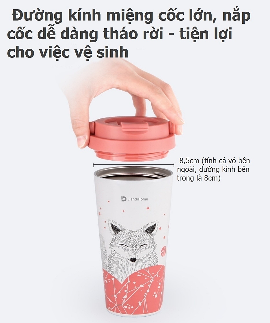 Cốc (Ly) cách nhiệt, giữ nhiệt DandiHome inox 304 chú Cáo (500ml)