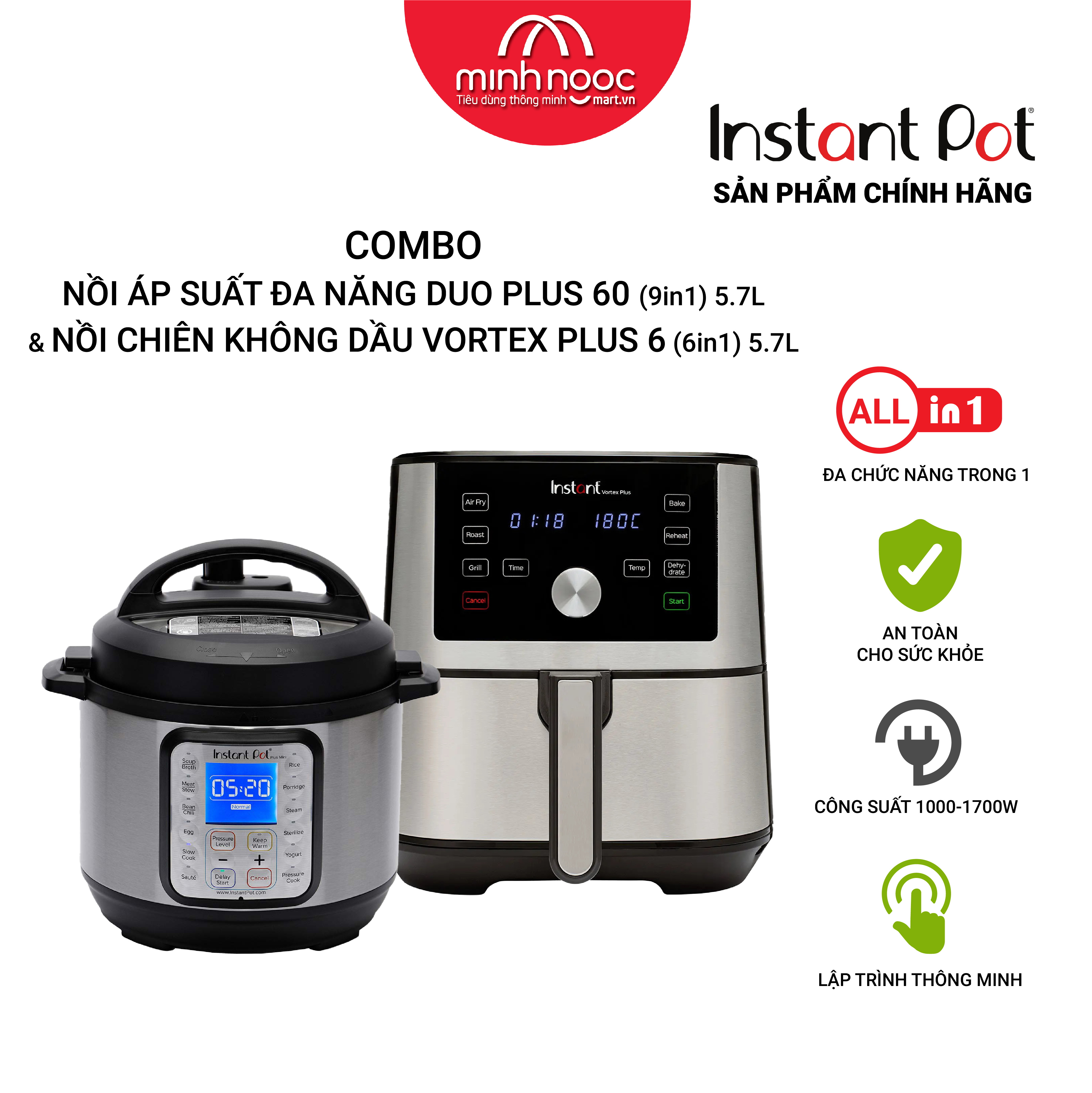 [Hàng chính hãng] [COMBO 2] Nồi áp suất điện Đa Năng InstantPot Duo Plus, dung tích 5.7 lít. 9 chức năng trong 1(9 in1) &amp; Nồi chiên không dầu Instant Vortex Plus, dung tích 5.7 lít. 6 chức năng trong 1 (6 in1)