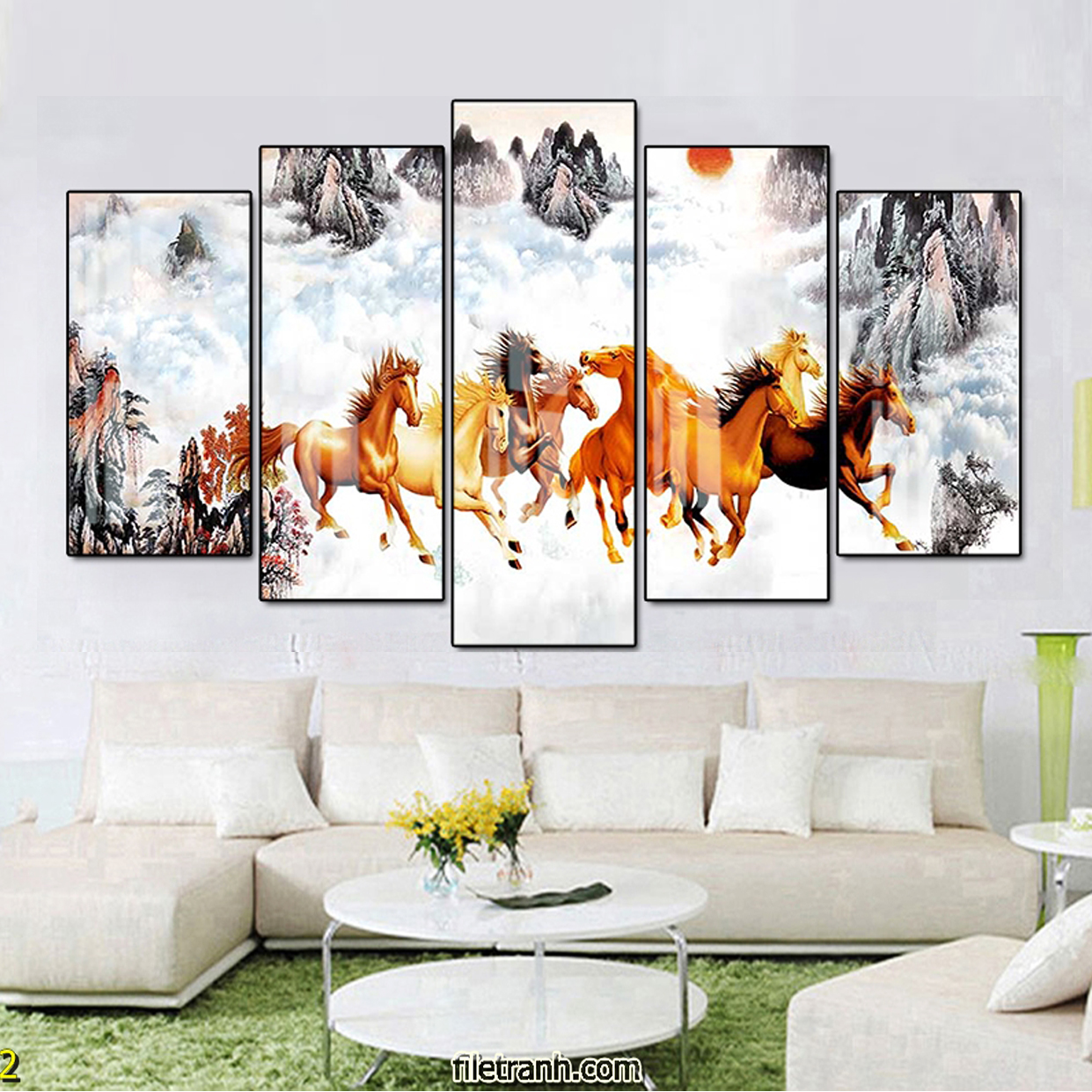 Tranh Canvas Bộ 5 Bức Cao Cấp - Tranh Mã Đáo Thành Công Treo Tường Phong Thủy