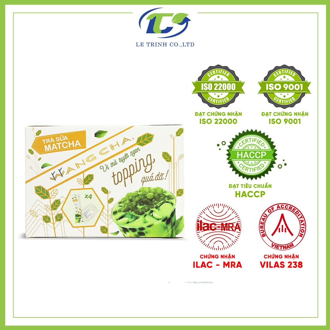 Hộp Trà Sữa Wangcha Vị Matcha pha trà sữa tiện lợi - Bột Hòa Tan Trà Sữa 3IN1 Truyền Thống 4 gói và Thạch 3Q ngọc trai 4 gói  thơm ngon đi kèm - Trà Sữa Vị Matcha cao cấp, dễ sử dụng (400gr/hộp)