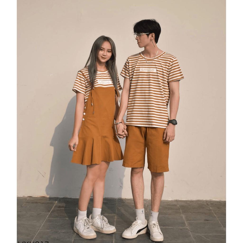 Áo cặp nam nữ ️FREESHIP️ set đồ đôi kẻ sọc kèm yếm và quần short kaki AT30