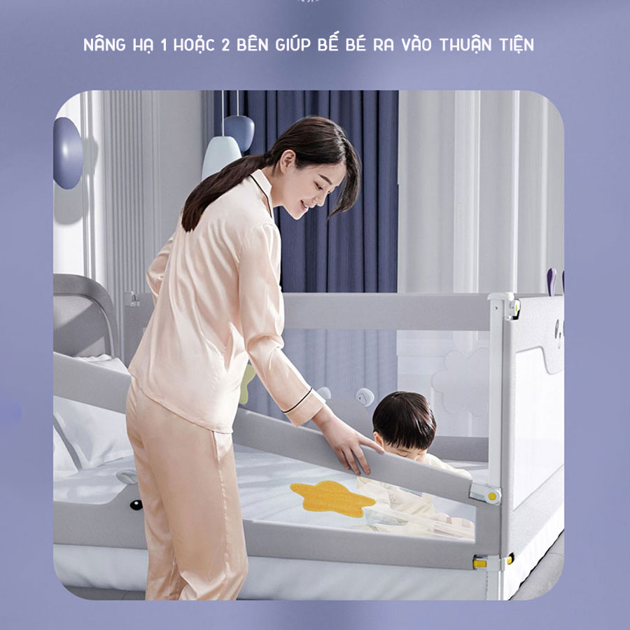 Thanh chắn giường cho bé an toàn KidAndMom BR23 kiêm quây cũi độ cao 74-96cm thiết kế chống kẹt, chống vấp ngã, nâng hạ 1 hoặc 2 đầu bản nâng cấp mới nhất (Giá bán 1 thanh)