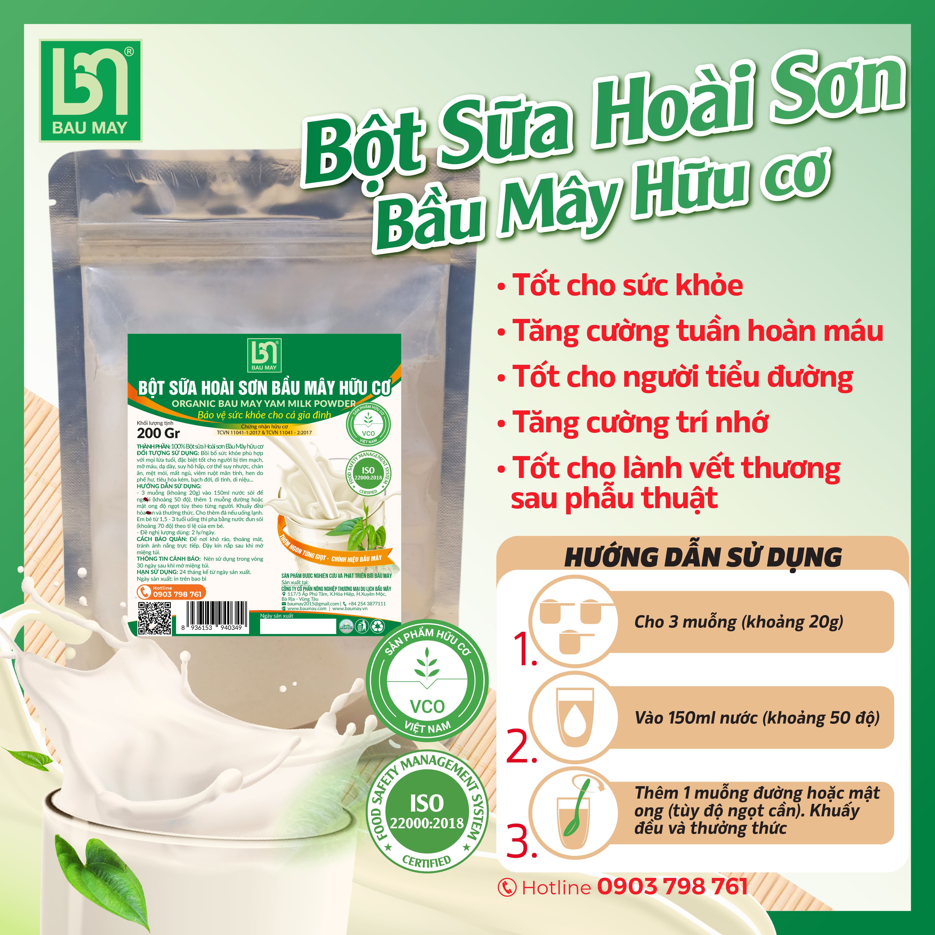 Bột sữa hoài sơn Hữu cơ Bầu Mây - Hết đau lưng mỏi gối, giảm chứng ra mồ hôi trộn ở trẻ em và người lớn, người bị khí huyết hư hàn, sợ lạnh, giảm thận yếu, hay buồn đi tiểu, hoa mắt chóng mặt, cải thiện trí nhớ