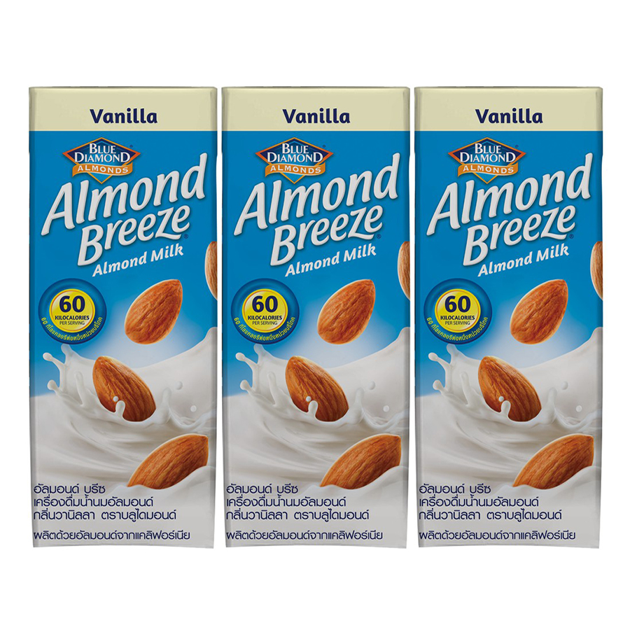 Lốc 3 Hộp Sữa Hạt Hạnh Nhân ALMOND BREEZE VANILLA 180ml - Sản phẩm của TẬP ĐOÀN BLUE DIAMOND MỸ - Đứng đầu về sản lượng tiêu thụ tại Mỹ