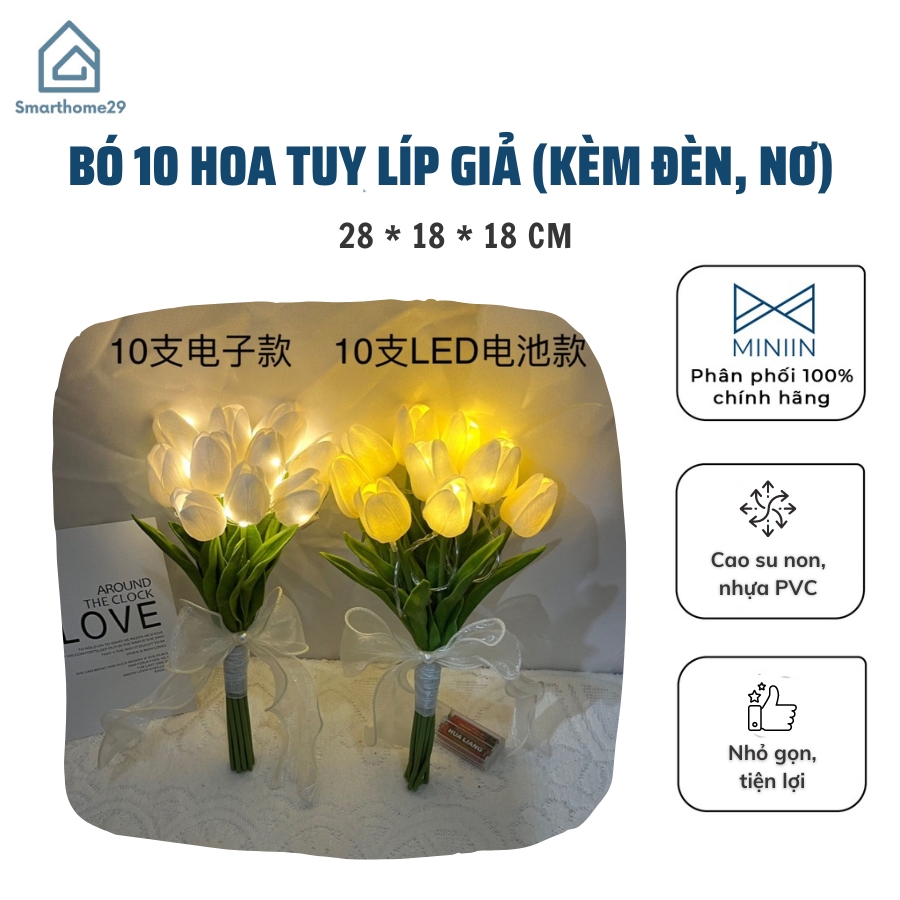 Bó 10 Cành Hoa Tulip Kèm Đèn Led Phát Sáng Hoa Cưới Hoa Lụa Giả Kèm Nơ Xinh Decor Trang Trí Nhà Cửa