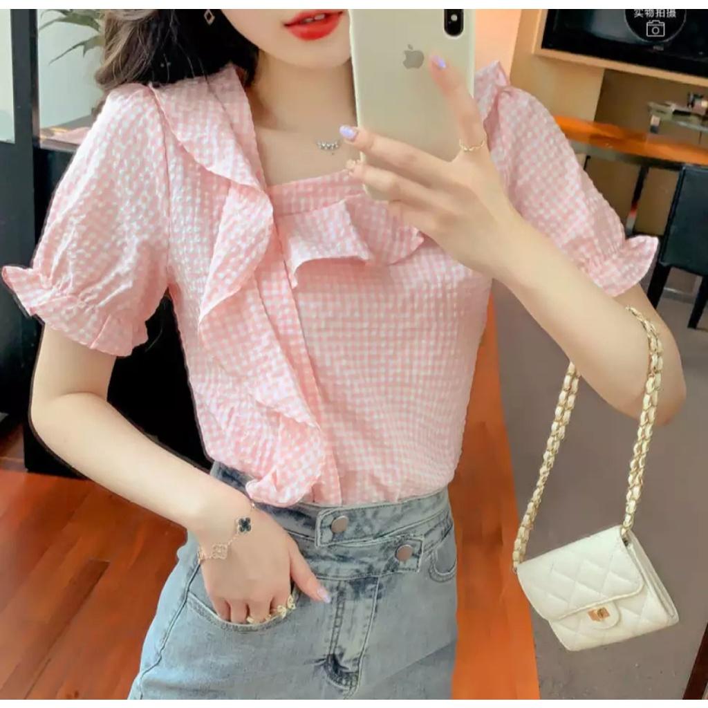 Áo Kiểu Cổ Xéo Phối Bèo Tay Phồng Chất Liệu Kate Xốp