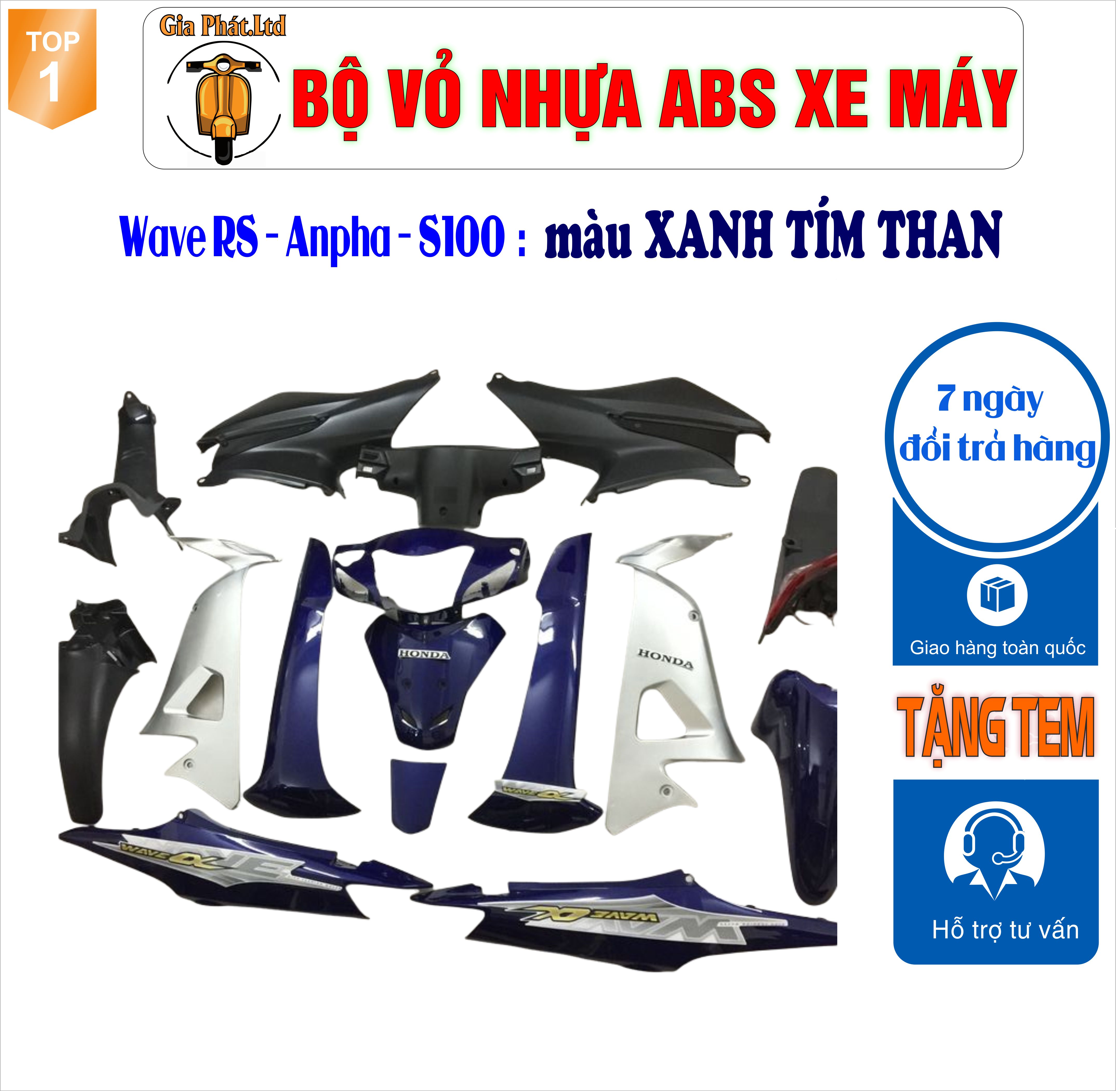 [Tặng tem] Dàn áo màu Xanh Tím Than gắn xe Wave RS - wave alpha - wave s100, nhựa ABS nguyên sinh _TKB-988(8286)