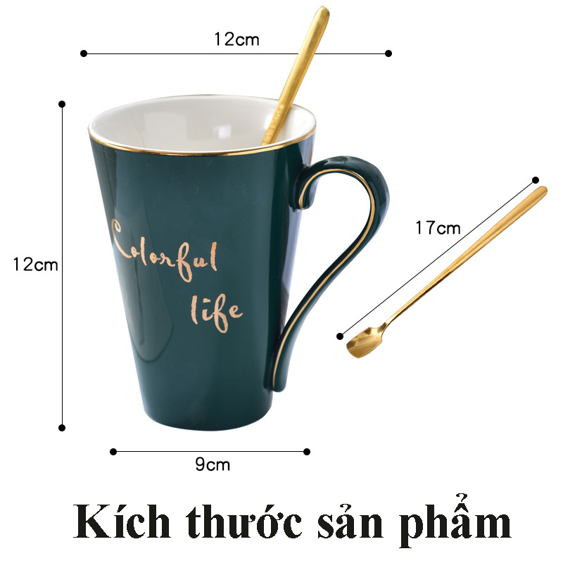 Ly Cốc Chén uống Nước Trà Cafe Sinh Tố bằng men gốm Ngọc Lục Bảo màu xanh ngọc tặng kèm thìa khuấy vàng sang trọng,Kích thước 12 x 12 x 9 cm,dung tích 400ml - Ly Cốc Chén uốn trà cafe