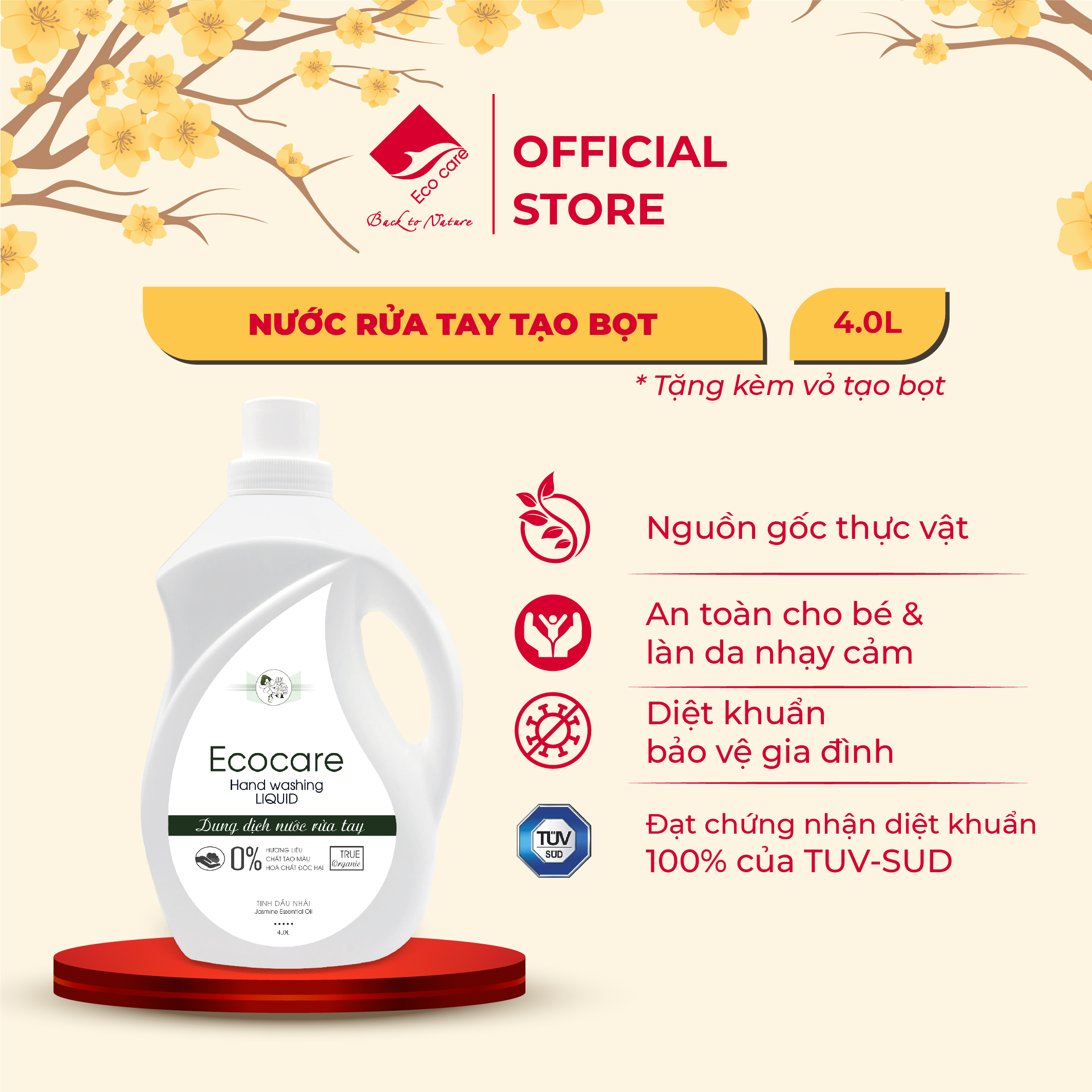 Nước rửa tay hữu cơ diệt khuẩn dạng bọt hương Nhài 4000ml thương hiệu Ecocare