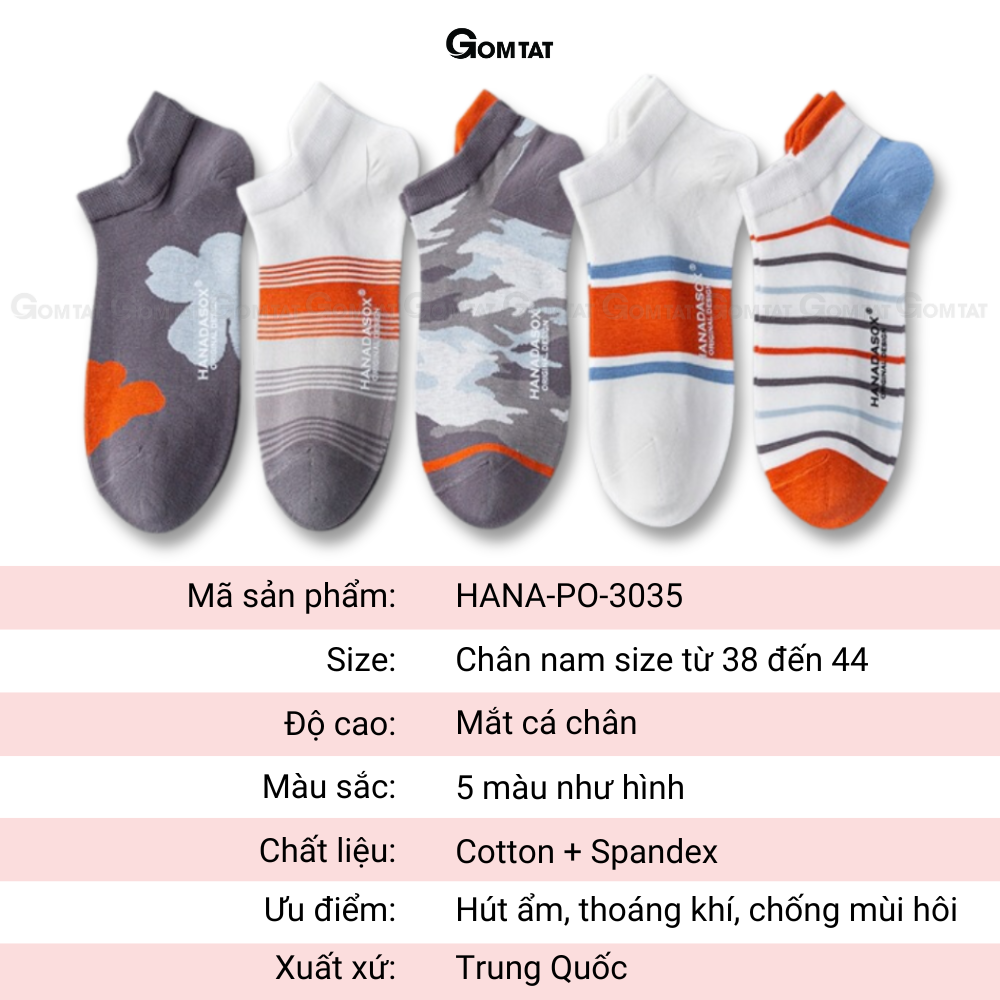 Set 5 đôi tất vớ nam cổ ngắn GOMTAT cao cấp, chất liệu cotton kháng khuẩn cực tốt khử mùi hôi chân - HANA-PO-3035-CB5