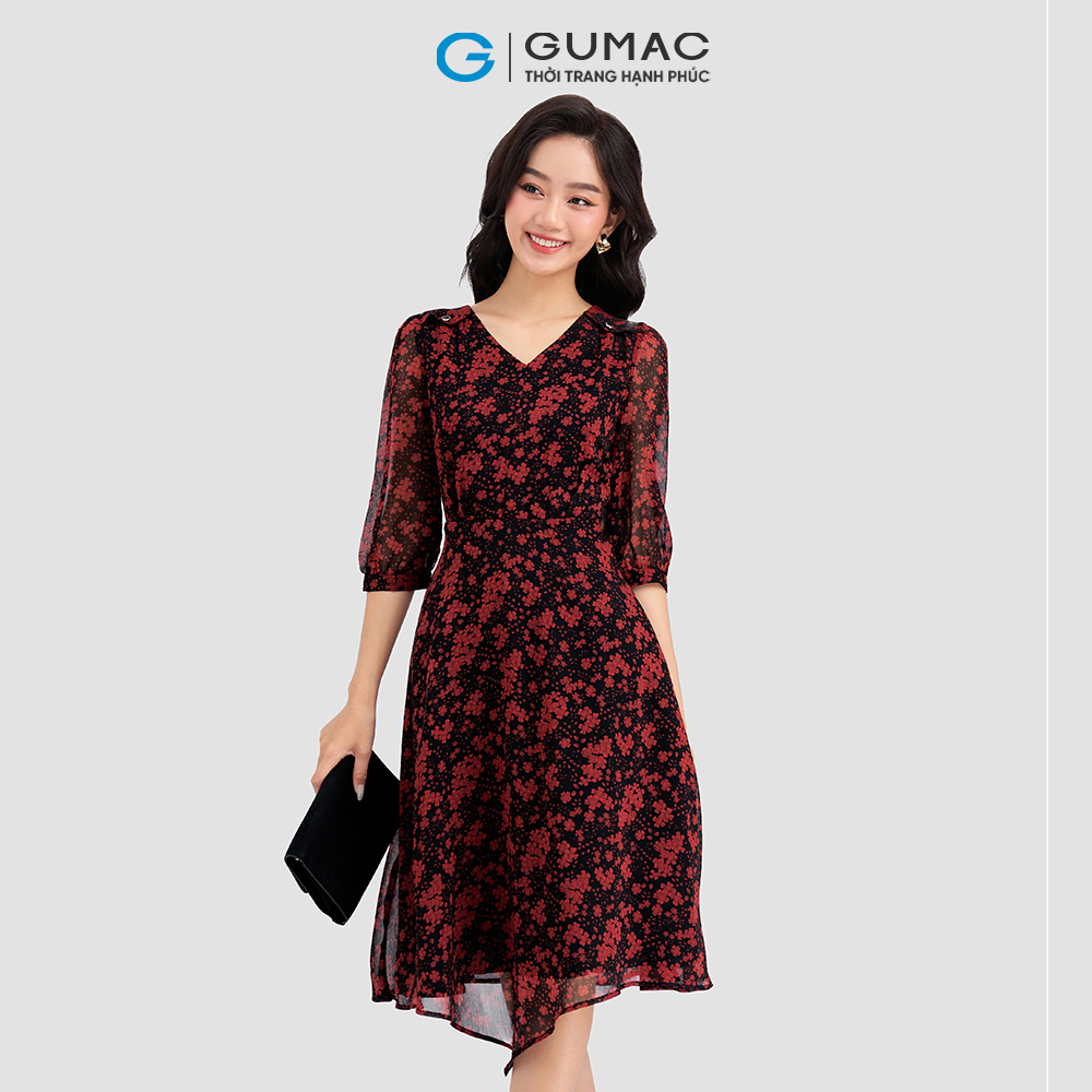 Đầm phối vai nhún GUMAC DD03067