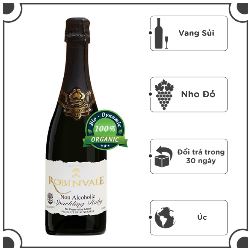 Vang sủi Robinvale Grape Sparkling 750ml - Không Cồn Organic - Ruby (Nho đỏ)